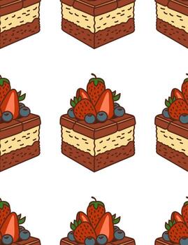 Seamless Pattern of Chocolate Layer Cake with Strawberries and Blueberries vector