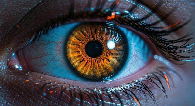 alta resolución de cerca de futurista humano ojo con brillante naranja iris, macro disparo, cibernético visión, tecnología mejorada retina, ciencia ficción digital ojo, biometría y artificial inteligencia foto