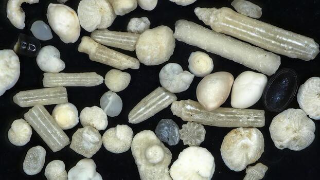 Assorted foraminifera microshells under magnification showing various fossil microfauna shapes. photo
