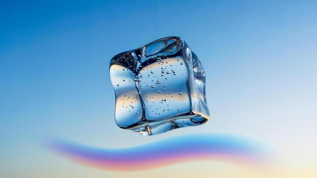 Creative floating ice cube in front of vibrant gradient backdrop, showcasing light reflections and bubbles, symbolizing freshness, artistic expression. Perfect for modern and abstract design concepts. photo