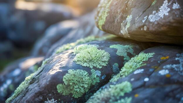 Vivid close-up image of green lichen growing on rocks, illuminated by warm sunlight. Showcasing the intricate details of nature's textures and colors, creating a peaceful and serene natural scene. photo