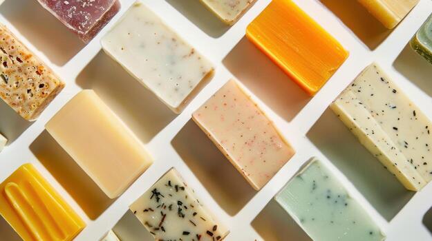 A Colorful Array of Handmade Soaps Arranged on a White Surface, Capturing a Moment of Tranquility and Cleanliness photo