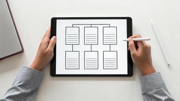 Businessman using tablet to draw business structure diagram photo