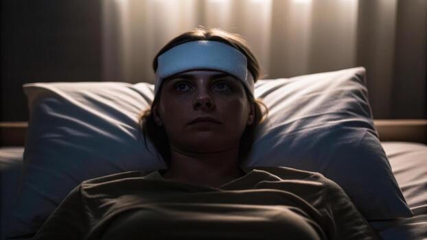 Person lies in dimly lit room with cold compress on their forehead, appearing contemplative. setting suggests quiet, introspective moment photo