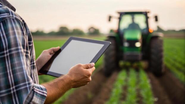 Farmer uses tablet to manage agricultural tasks in field with tractor in background, showcasing modern farming technology photo