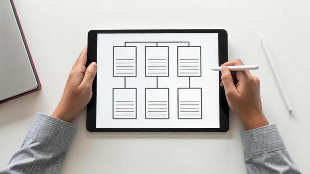 Person is sketching flowchart on digital tablet using stylus, showcasing structured approach to planning. image conveys sense of organization and creativity photo