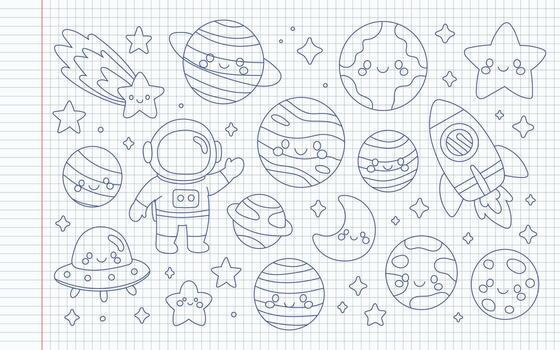 espacio garabatos incluir planeta, astronauta, cohete, estrella y Luna en cuaderno bosquejo. satélite meteorito y cometa remolino a través de galaxia y orbita caminos. linda dibujos animados cósmico ilustraciones para niños vector