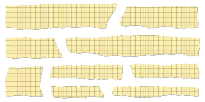 Paper torn and ripped with yellow texture on a grid notebook layout. Stationery with margin lines for vintage scrap and rough office use. Blank graphic perfect for memo or journaling vector