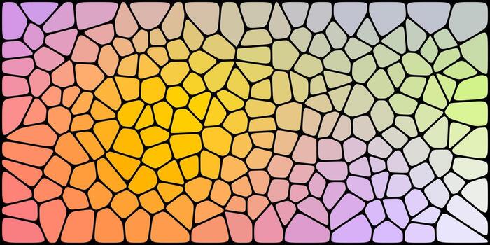 Colorful mosaic pattern with irregular polygonal tiles, transitioning smoothly through a pastel rainbow gradient and outlined in bold black lines. vector