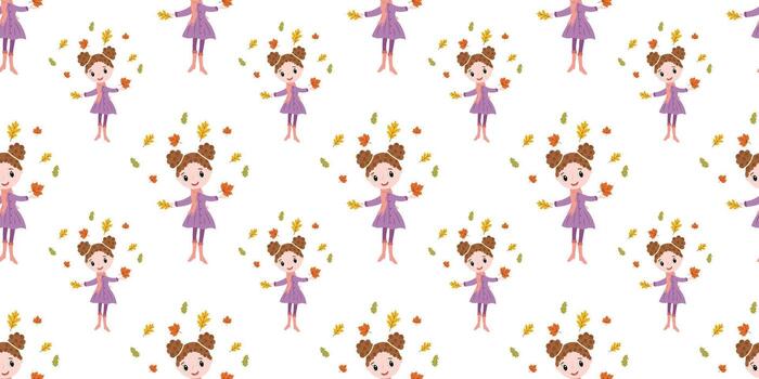 otoño sin costura modelo con temática niña ilustraciones con hojas en plano estilo. mano dibujado otoño para digital proyectos y impresión vector