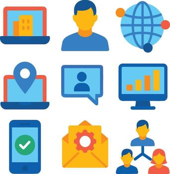 Flat Communication Icon Set Featuring People, Global Connection, Location Pin, Message, and Notification in Modern Style vector