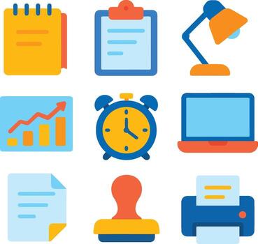 Flat Business Icon Set with Graphs, Clock, Documents, and Laptop in Modern Minimal Design vector