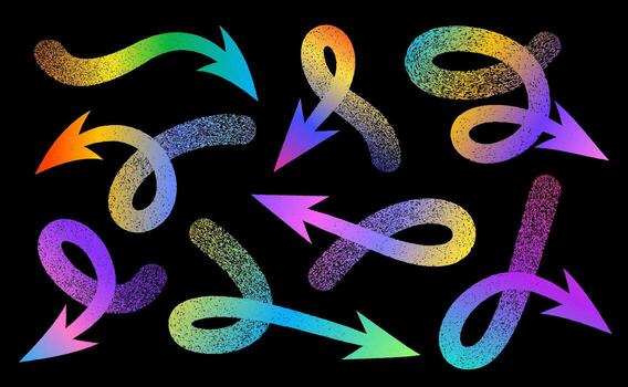 vistoso degradado flechas con arremolinándose y curvo formas señalando en varios direcciones en un negro antecedentes. vector