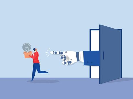 Man running with box and robot arm vector