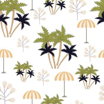 a pattern with palm trees and umbrellas vector