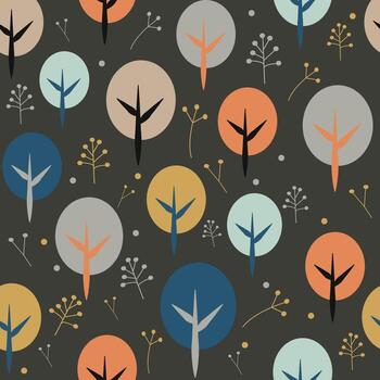 a pattern with trees and leaves on a dark background vector
