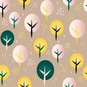 a pattern with trees and leaves on a beige background vector