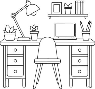 Home office desk setup with lamp and laptop ideal for creative workspace or learning environment visuals vector