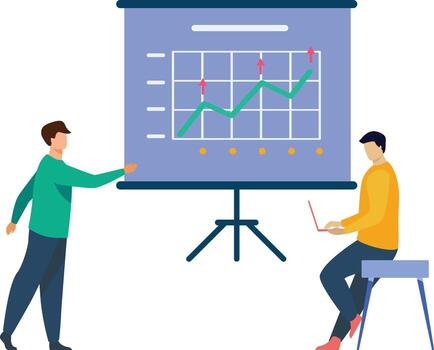 Two people discussing a data chart vector