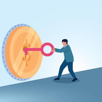 A man opens a safe with a key. A metaphorical illustration for financial keys, wealth and success. vector