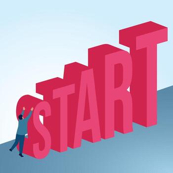 A man struggles to climb a high starting point. A metaphorical illustration of the first step, starting out and the starting line in business. vector