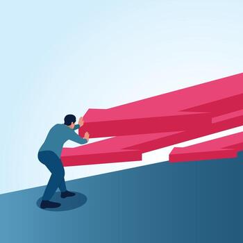 A man pushing an arrow in the opposite direction. A metaphorical illustration for resistance to change, fighting against uniformity and making a difference. vector