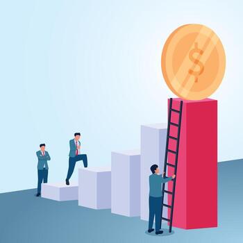 un hombre propensión un escalera hacia el parte superior de el dinero. un metafórico ilustración para atajos, estrategias y el mas rapido forma. vector