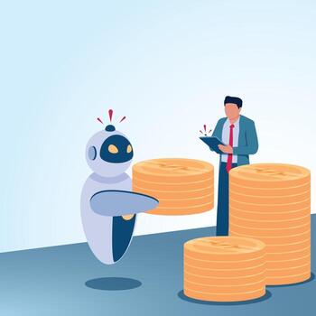 A man controls a robot to earn money. A metaphorical illustration for working with artificial intelligence, earning money from the internet and freelancing. vector