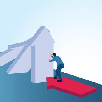 A man holds back the domino effect in different directions. A metaphorical illustration for resistance to change, fighting against uniformity and making a difference. vector