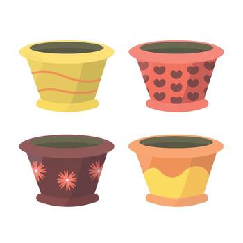 Pot icons on white background. Patterns with lines, flowers and other elements. vector