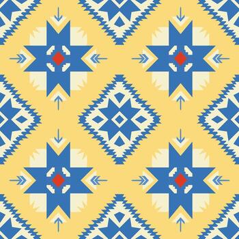 nativo tribal tela con un geométrico cuadrado y triángulo forma étnico sin costura patrón, diseñado para loseta y alfombra en amarillo antecedentes vector