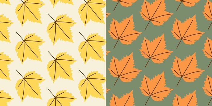 brillante arce hoja patrones en amarillo y naranja en suave beige y verde antecedentes. sin costura otoño diseño. vector