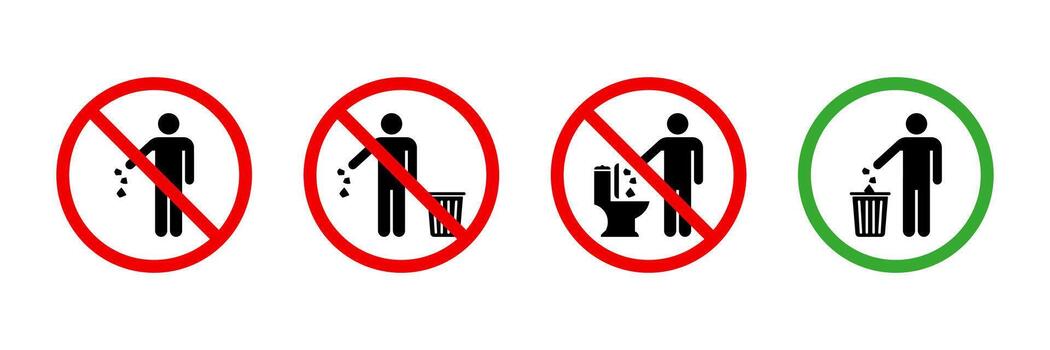 Please keep clean silhouette sign. Allowed throw rubbish, waste, garbage in bin symbol. Do not throw trash in toilet icon. Warning please drop litter in bin sticker. Throw out the trash icon. vector