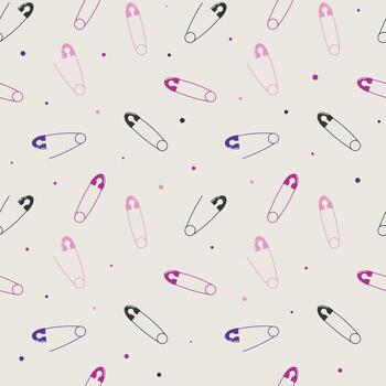 Seamless pattern featuring black, pink, and purple safety pins with small colorful dots on a light cream background in a minimal style vector