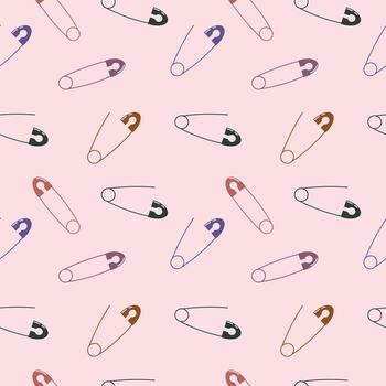 Seamless pattern of multicolored safety pins on soft pink background with a mix of open and closed designs arranged in a diagonal layout vector