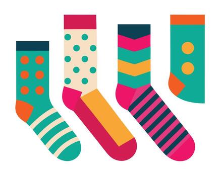 Four Colorful and Playful Socks Arranged in a Row, Displaying Vibrant Patterns and Happy Mood vector