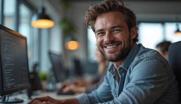 A smiling man is sitting at a desk in front of a computer photo