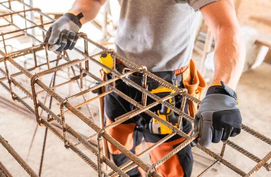 Construction Worker Assembling Rebar Framework in a Building Site During Daylight photo