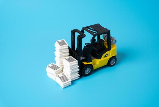 A forklift transports stacks of documents. Heavy bureaucracy and paperwork clutter. Overwhelming scale of bureaucratic systems, inefficient workflows. Manual handling of data, administrative overload photo