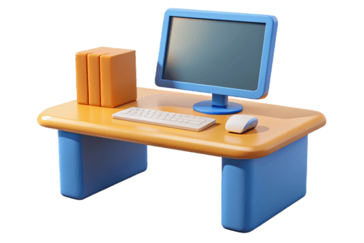 A computer desk with a computer monitor and keyboard png