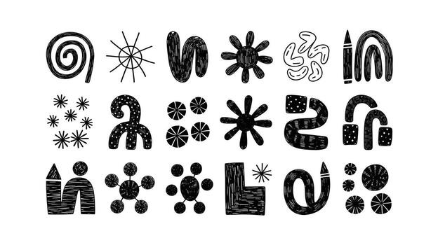 HandDrawn Black and White Doodle Pattern with Abstract Shapes, Ideal for Backgrounds, Textiles, Wrapping Paper, or Creative Design Projects vector