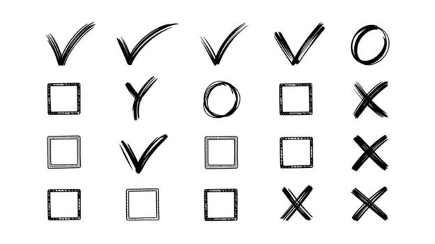 HandDrawn Check Marks, Circles, Squares, and X Symbols An Assortment of Positive and Negative Icons for Graphic Design Projects vector