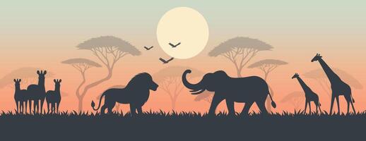 sabana animales siluetas con arboles y puesta de sol plano ilustración. vector