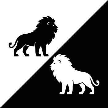 Side view of roaring lions drawn in a clean silhouette with diagonal split contrast, representing strength, wilderness, and bold character art. vector