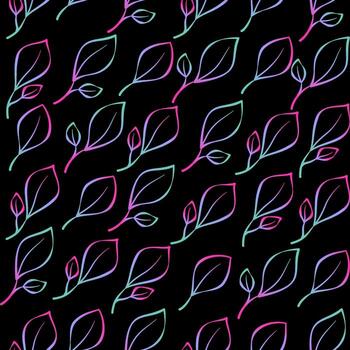 Leaves seamless pattern. holographic tropical jungle texture on black background. Abstract gradient foliage outline summer print for textile. vector