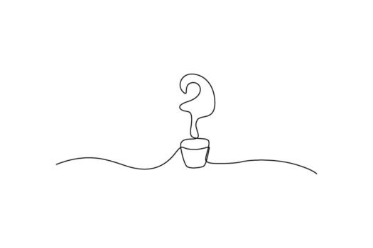 un mínimo una línea dibujo de un maceta con un pregunta marca brotante, en un ondulado línea puro blanco antecedentes vector
