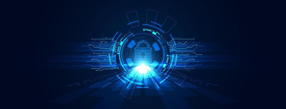 un cautivador azul digital resumen antecedentes exhibiendo un seguro bloquear símbolo rodeado por circuitería patrones, representando ciber seguridad y innovación. vector