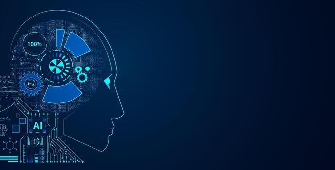 A futuristic design showcasing an artificial intelligence concept, featuring a digital head silhouette with intricate gear and circuit patterns. vector