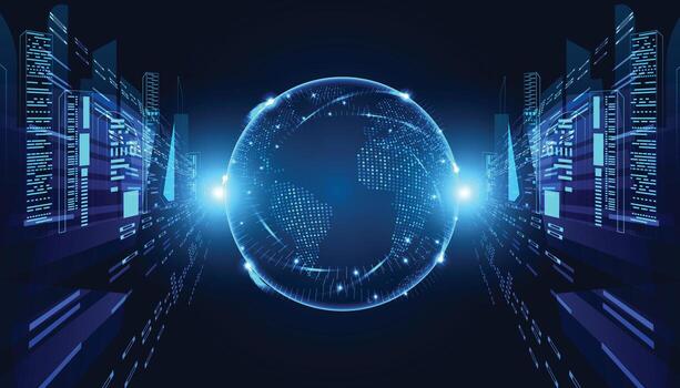 un futurista digital globo rodeado por brillante datos estructuras, exhibiendo tecnología y innovación en un vibrante azul ajuste. vector