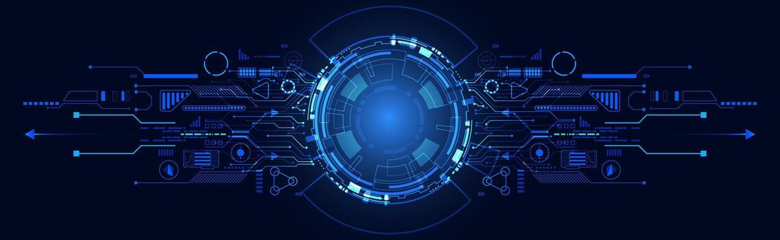 futurista resumen antecedentes presentando un brillante circular elemento rodeado por intrincado digital patrones en vibrante azul tonos vector